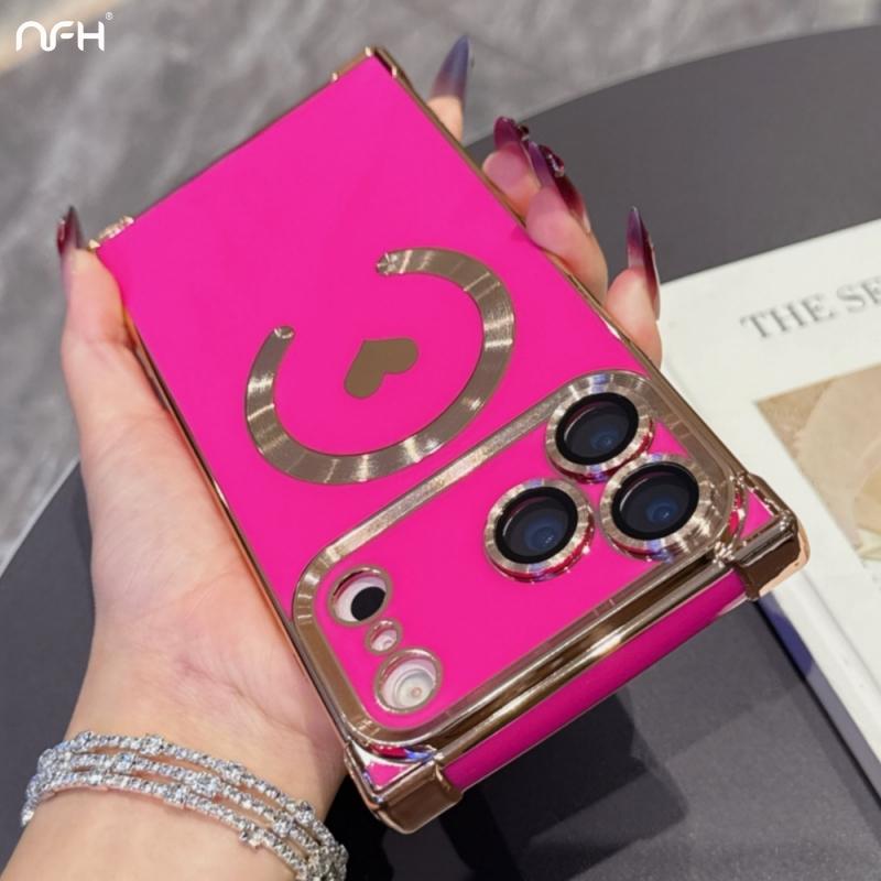 For For Iphone 17 Air Pro Max  Plating Love Heart Frame  Magnetic Phone Case For For Iphone 13 14 15 16 Plus Back Cover