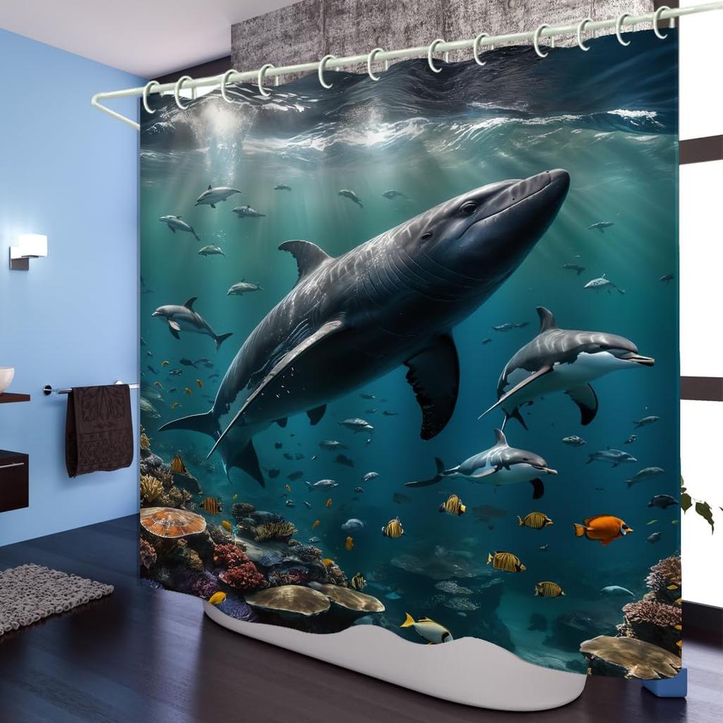 Bathroom Using Sea Bottom Big Fish 3D Shower Curtain, Luxury Bathtub Standard Shower Curtain, Waterproof and Bright Fabric Showe