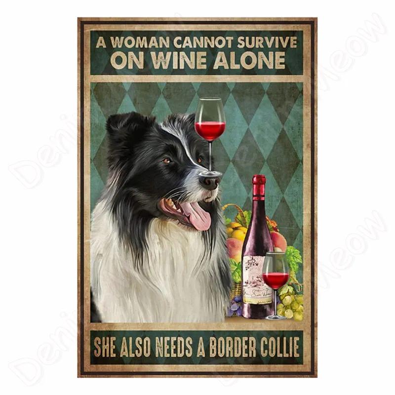 Vintage Bulldog Tin Sign for Home Wall Decor, A Woman Cannot Survive On Wine Alone, Funny Cat, Dog Metal Sign, Bar Decor