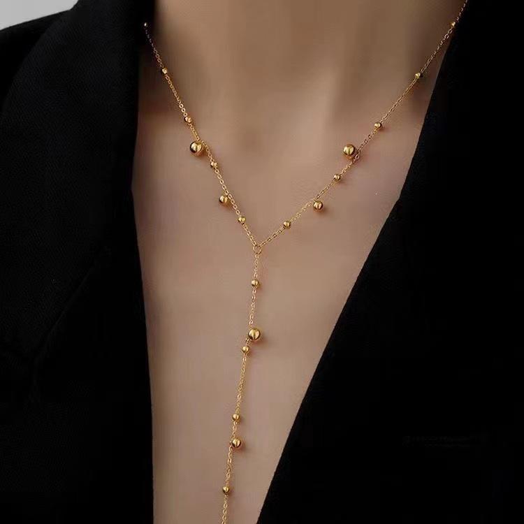 Trendy Women's Titanium Steel Tassel Necklace with Round Beads - Versatile Clavicle Chain Jewelry