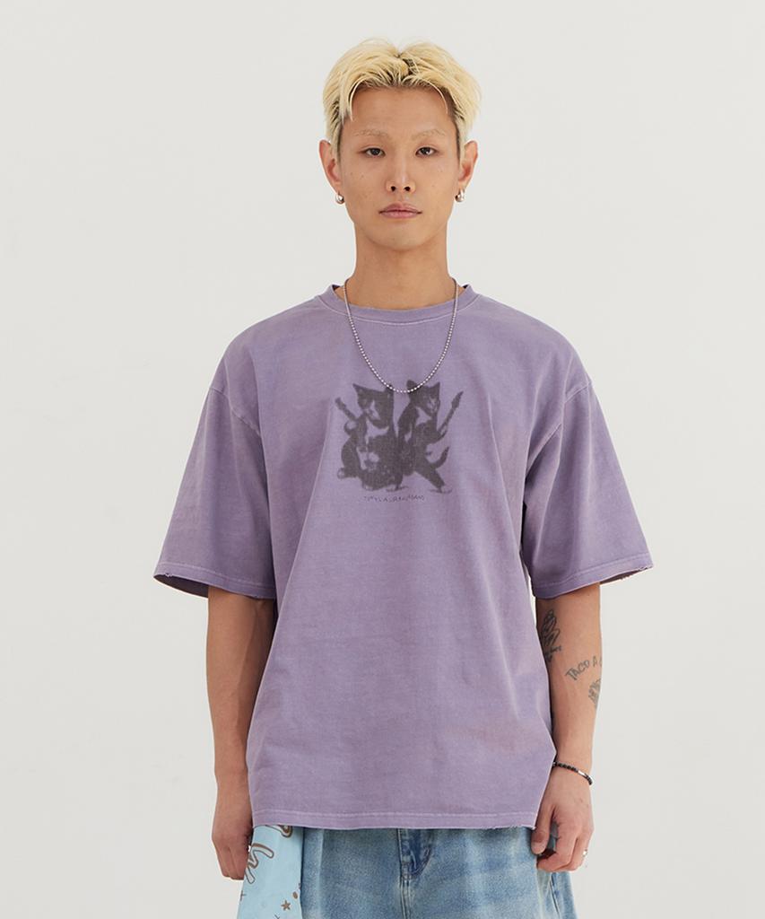 Tonilolenseu Pigment Cat Graphic Short Sleeve T-Shirt Purple