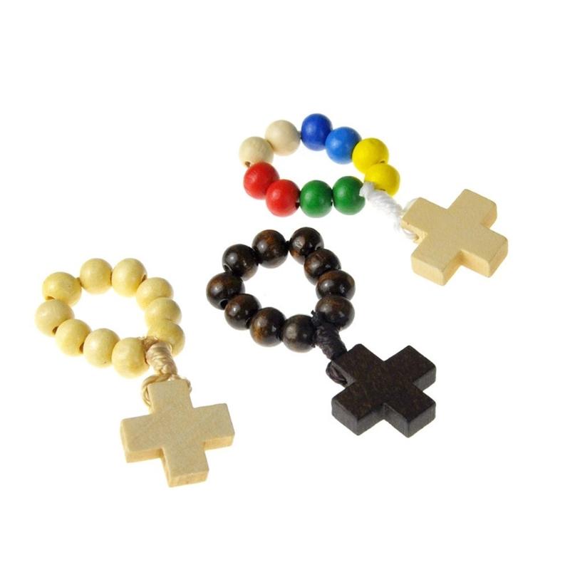 Colorful Beaded Finger Chain Adjustable Rosary Bead Finger Ring Bracelet with Colorful Crosses Charm for Christian Faith