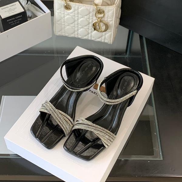 

Fashion Comfort Shoes for Women 2025 Summer Med Female Sandal Open Toe Low Medium Girls Peep Square Rhinestone Outside Hoof Heels Rome P 35