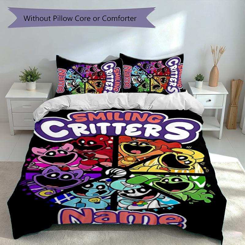 Set Biancheria da Letto 3 Pezzi Critters Sorridenti con Nome Personalizzato, Include 1 Copripiumino e 2 Federe, Arredo Camera da Letto per Tutte le Stagioni
