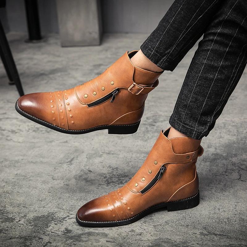 Britischer Stil Luxus Herrenkleiderstiefel Oxfords Schuhe Designer Motorradstiefel für Herren Rotbraunes Leder Cowboy Stiefel Herren Hombre