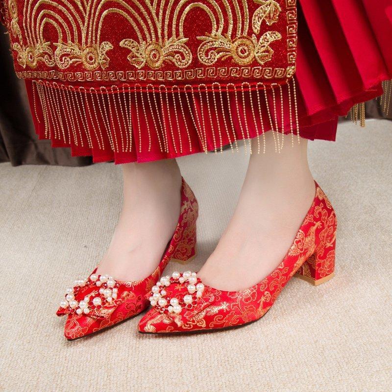 Summer spring Chinese wedding shoes women's red high heels thick heel dragon and phoenix embroidered bridal shoes high heel cheongsam