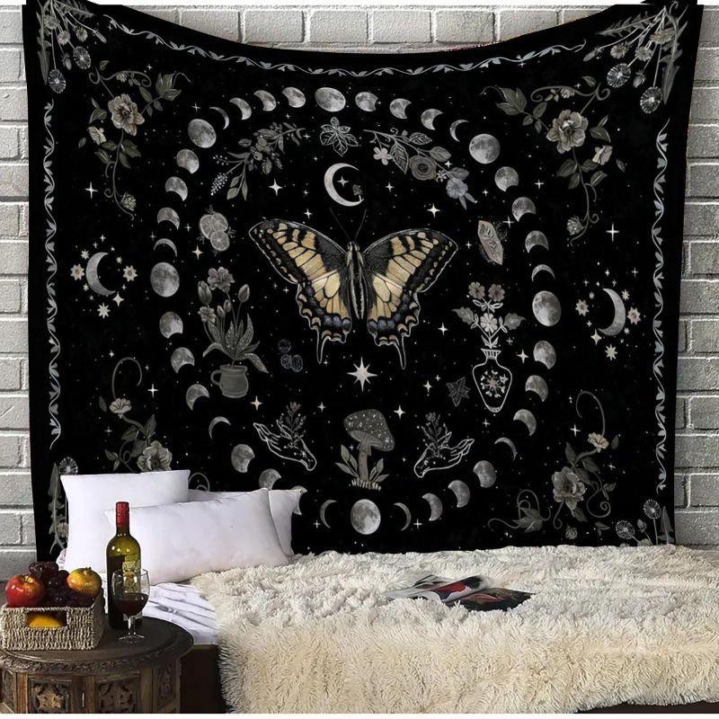 Purple Butterfly Moon Phases Tapestry Wall Hanging Floral Mushroom Witchy Celestial Aesthetic Wall Art Bedroom Dorm Decor