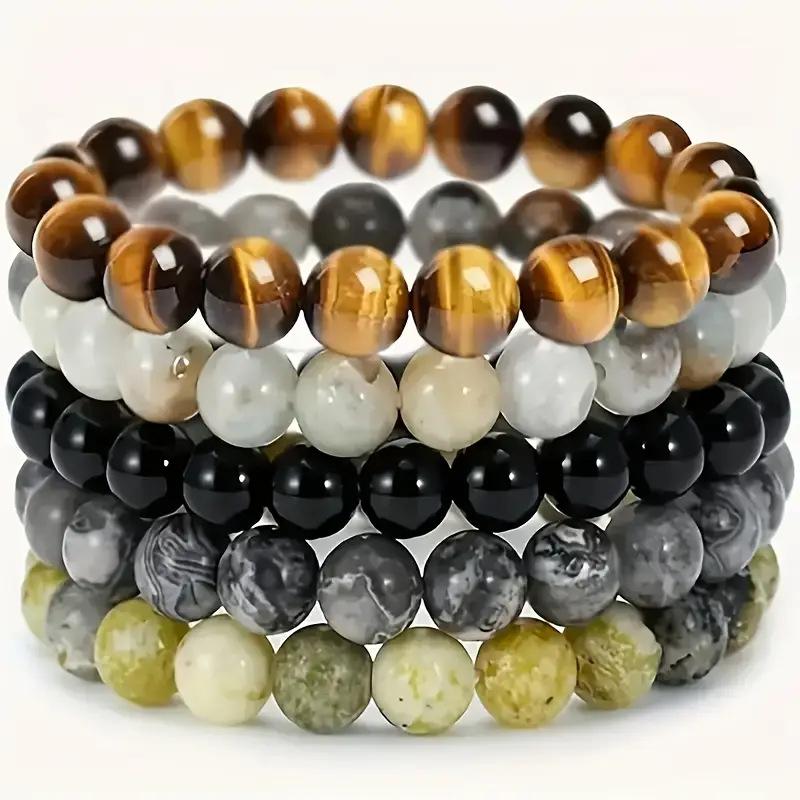1 Set Vintage Men's Multi Bracelet Set Round Natural Stone  Colorful  Agate Crystal  Women Perfect for Boho Party