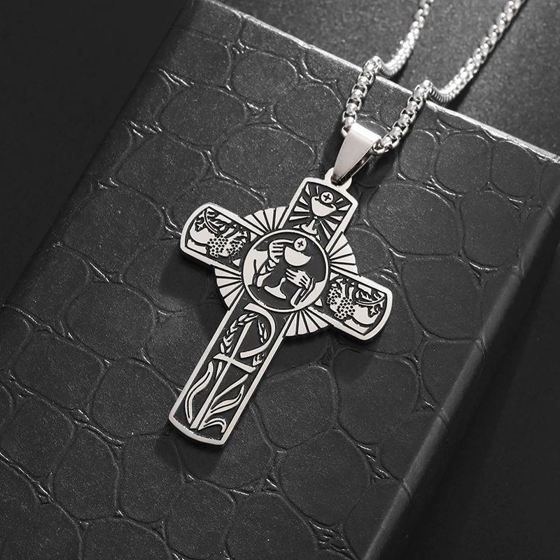 Personalized Stainless Steel Mens Womens Cross Necklace Vintage Religious Holy Spirit Eucharist Halo Grape Juice Cup Cross Penda