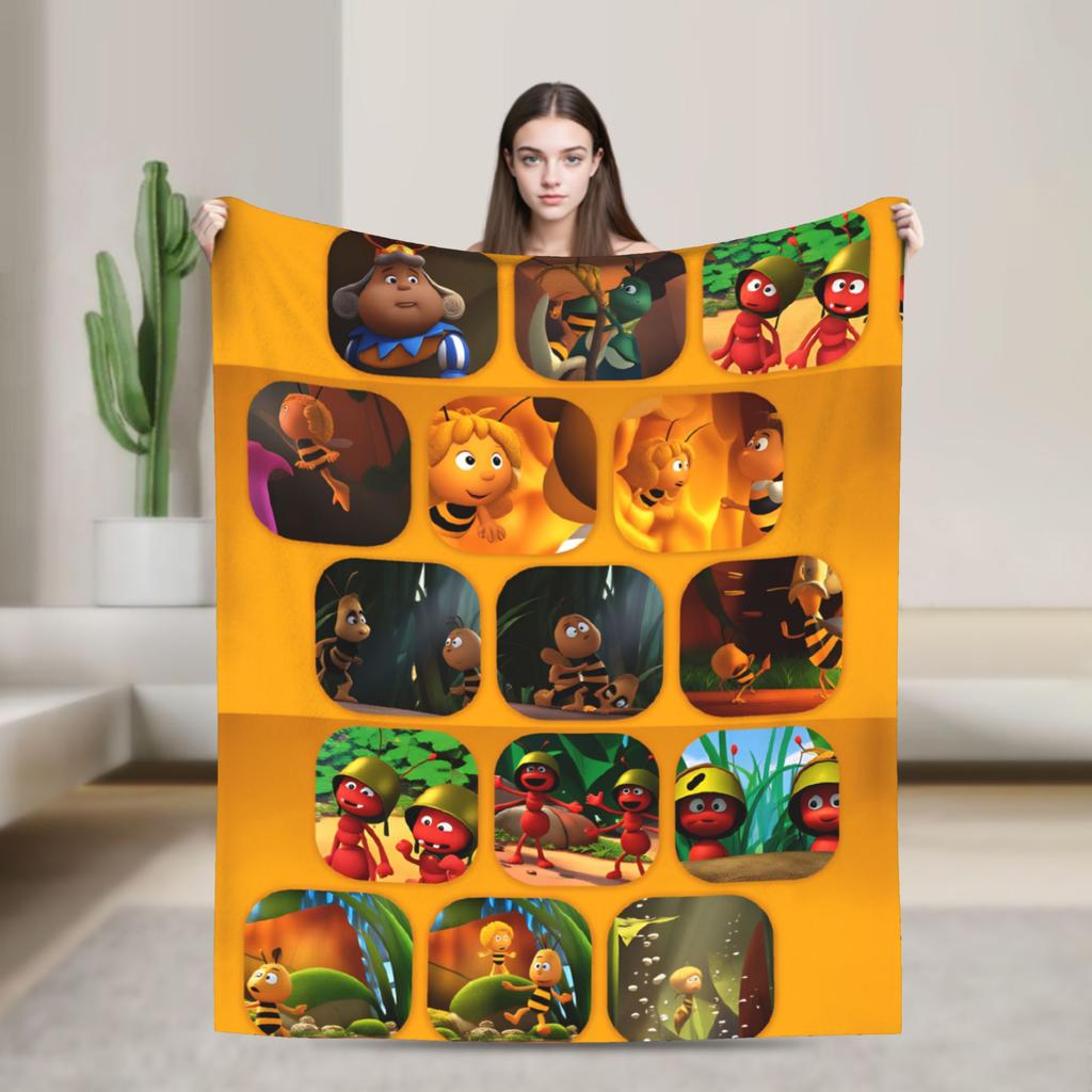 Maya The Bee With Flowers Blanket Cartoon Soft Comfortable Plush Throw Blanket For Couch Bed Camping Flannel Bedspread Bed Cover
