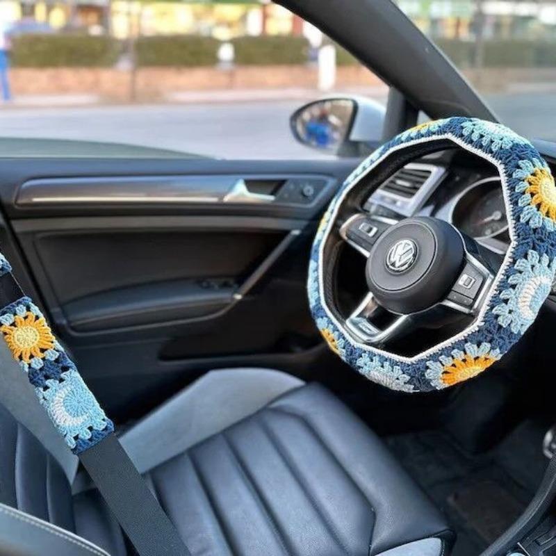 Car Steering Wheel Cover Warm  Anti Slip Grip Seat Belt Safe Hand Crocheted Flower Design for Stylish Car Decor Winter Simple