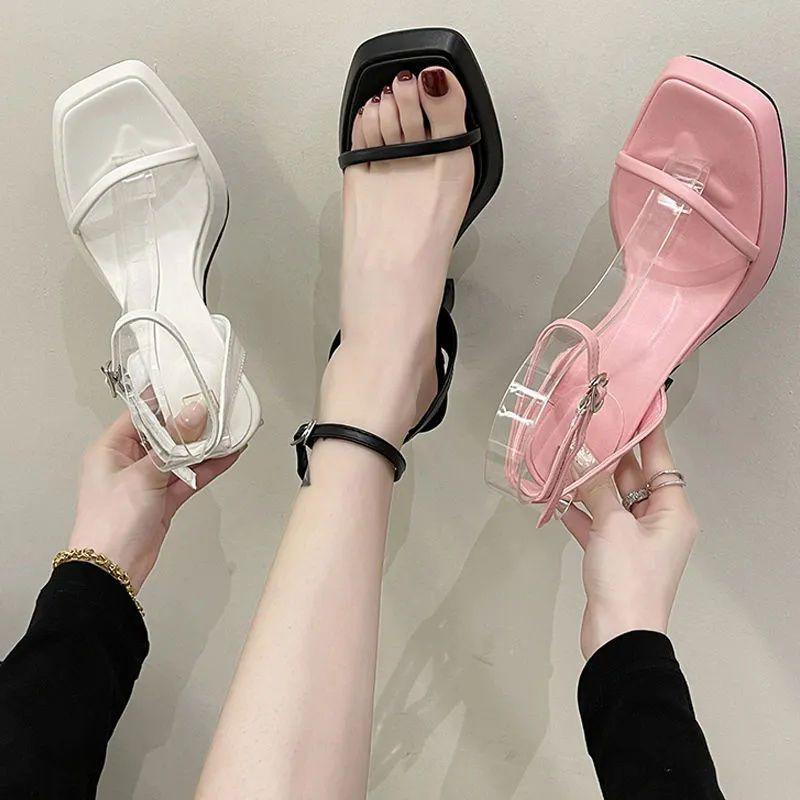 2025 summer thick heel with high heels design sense niche pink sexy waterproof table square head sandals women