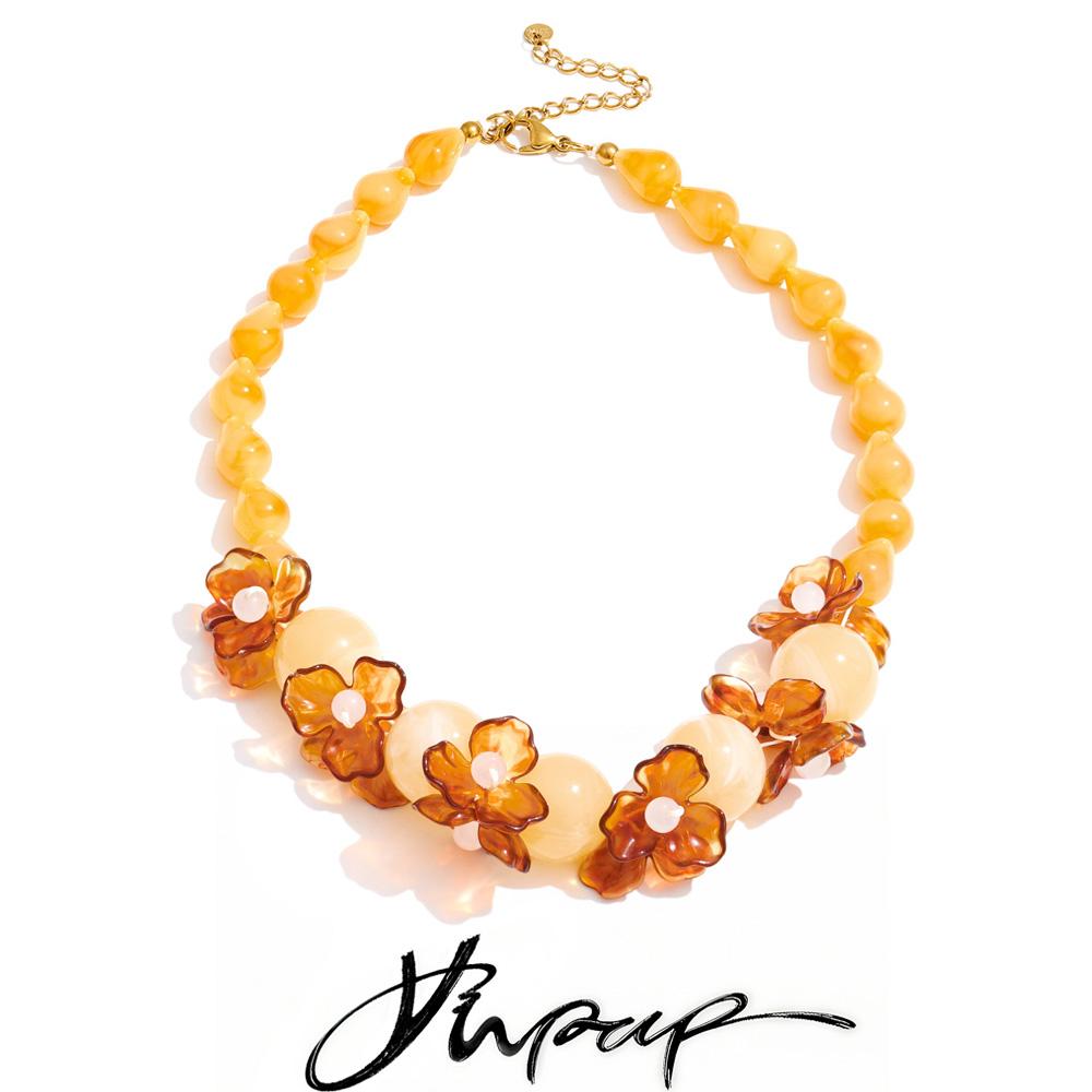 Yhpup New Handmade Jewelry Spring Color Resin Acrylic Flower Round Beads Chain Sweet Necklace Waterproof Fashion Accessories