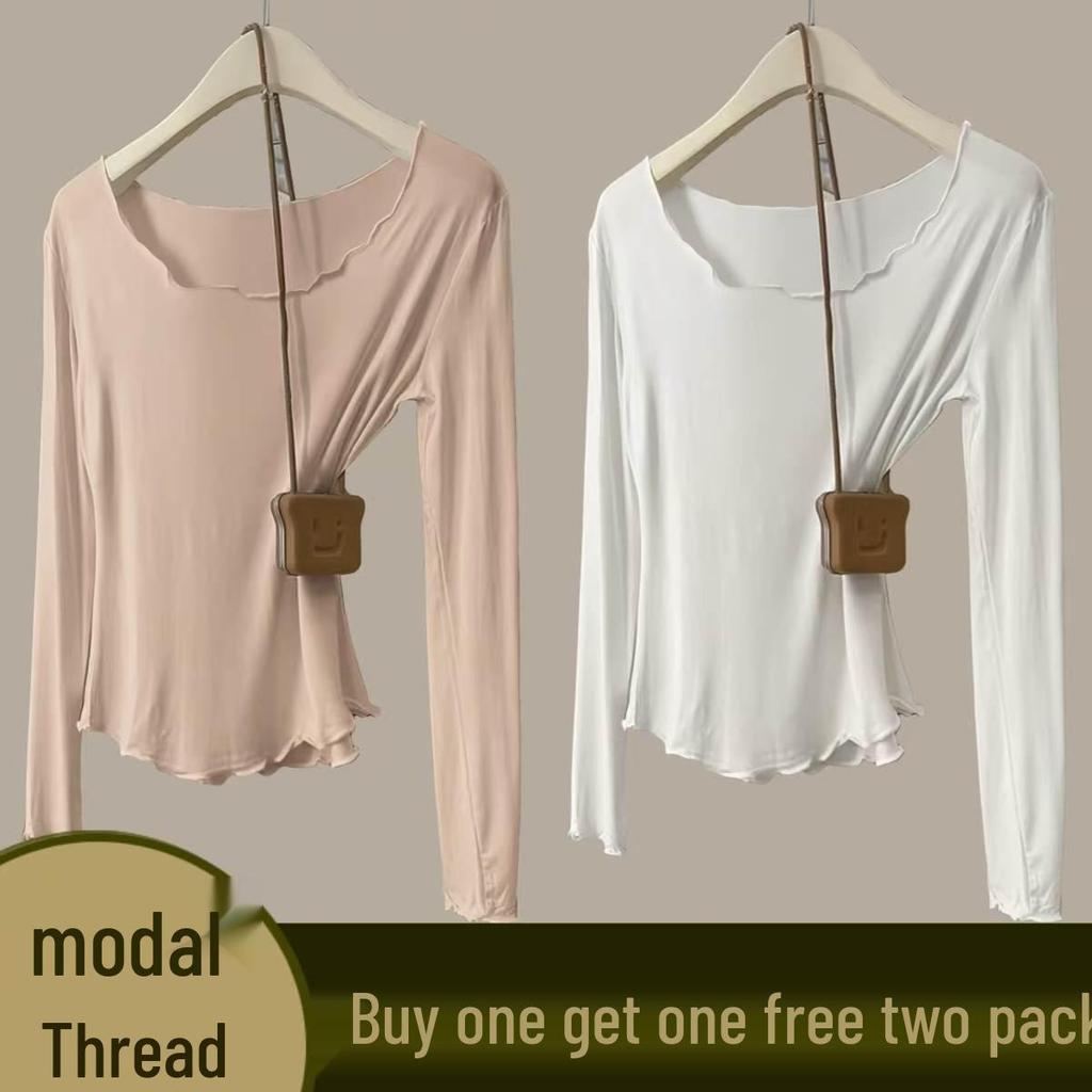 Women's Autumn Modal Ribbed Top: Round Neck, Long Sleeve, Rolled Hem, Base Layer T-Shirt