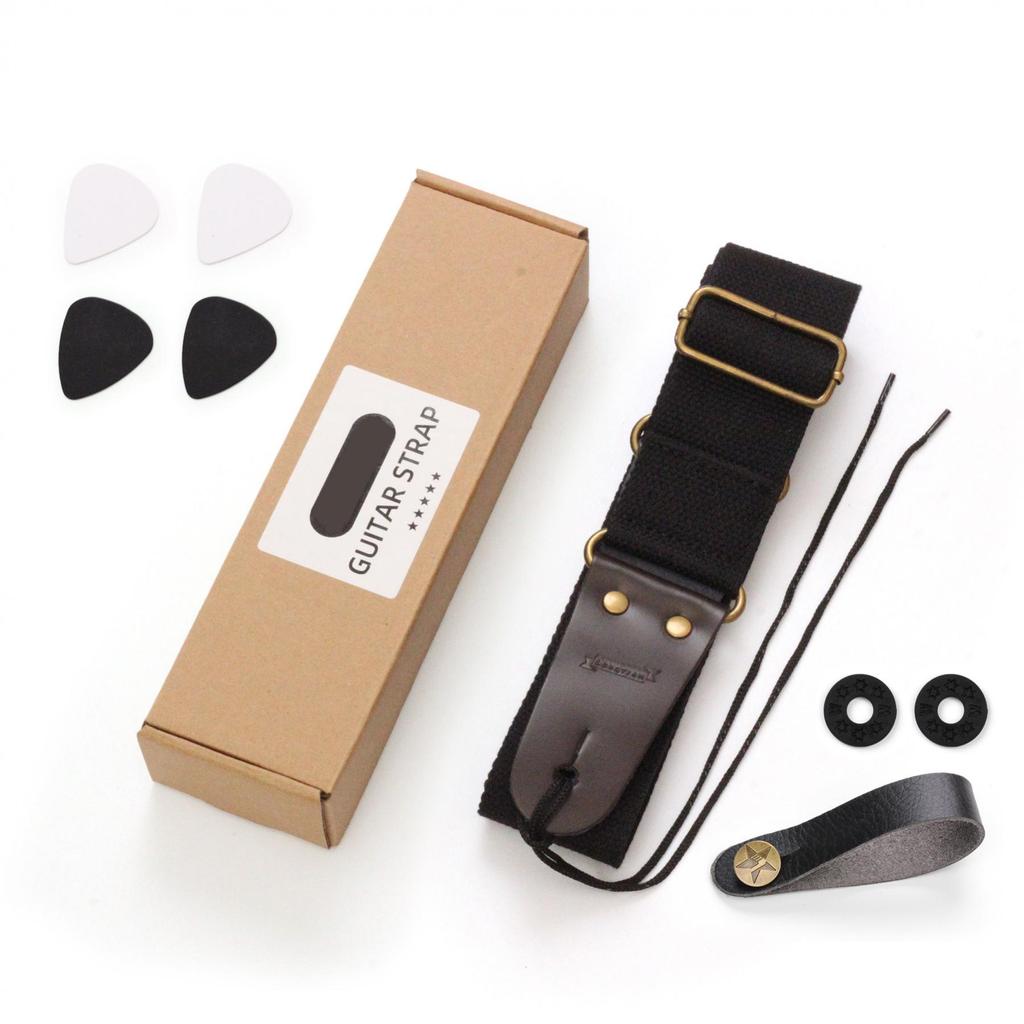 Gitarrengurt aus Baumwolle mit Enden aus echtem Leder für Akustik-/Elektro-/Bassgitarre mit 1 Gurtknopf aus PU-Leder und 2 Gurtverschlüssen