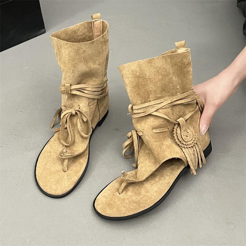 

Богемные сандалии с перемычкой для пальца женские 2025 лето с открытым носком толстый каблук крутые ботинки ковбойские ботинки римские сандалии в елочку 40