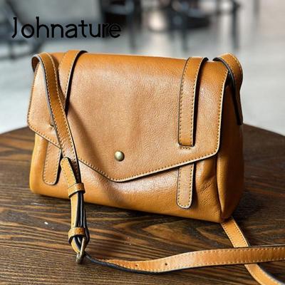Bolsa feminina de couro legítimo simples, bolsa de ombro vintage, cor sólida, bolsa mensageiro de couro de vaca natural macio
