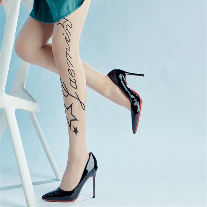 Women Sexy Tight English Print Seamless Pantyhose Stockings No-snagging Hose Sexy Lingerie-Patterned Tight Black White