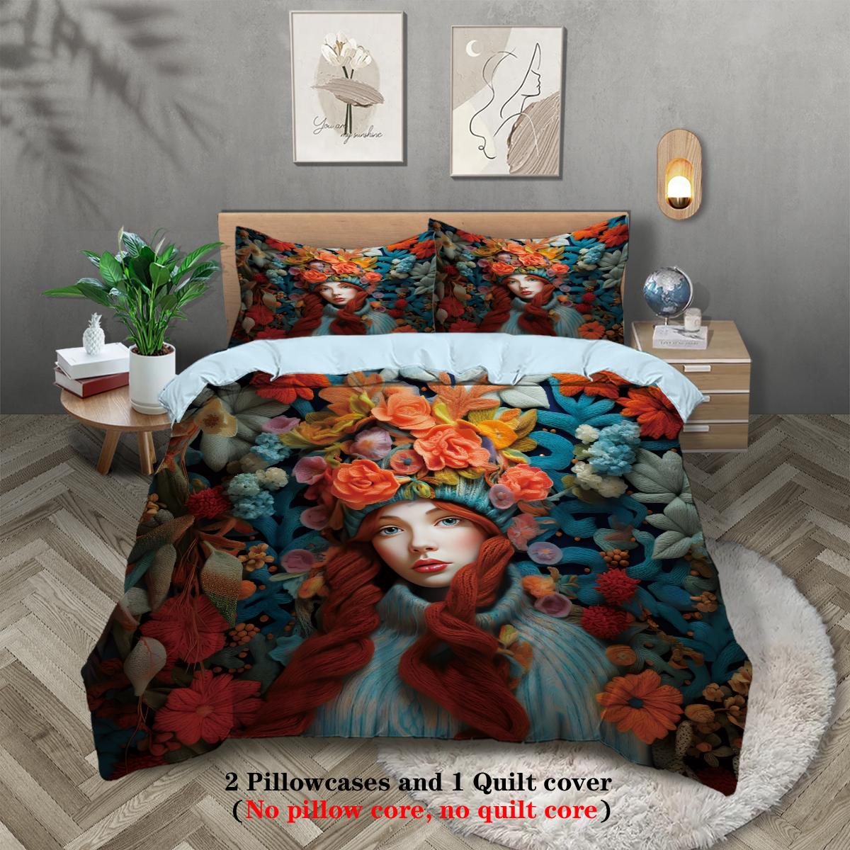 

3pcs 3D Yarn Girl and Flowers Pattern Printed Bedding Set, 1 Duvet Cover+2 Pillowcases, Suitable for Girls and Women Bedroom 135x200cm-EU-Single