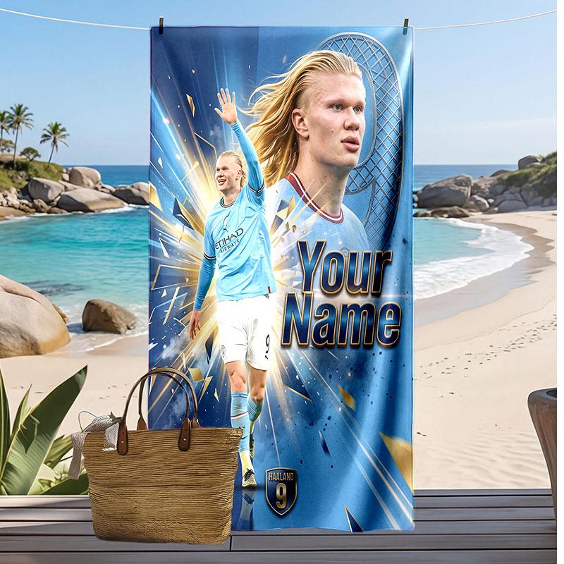 Erling Haaland Personalized Printed Beach Towel Soccer Logo Support Custom Name Text Absorbent Towel For Sport Travel Special Gift