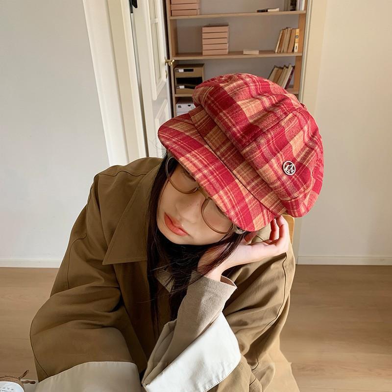 25 Early autumn new plaid sweet and cool high-quality octagonal hat women's big head circumference showing face small newsboy hat