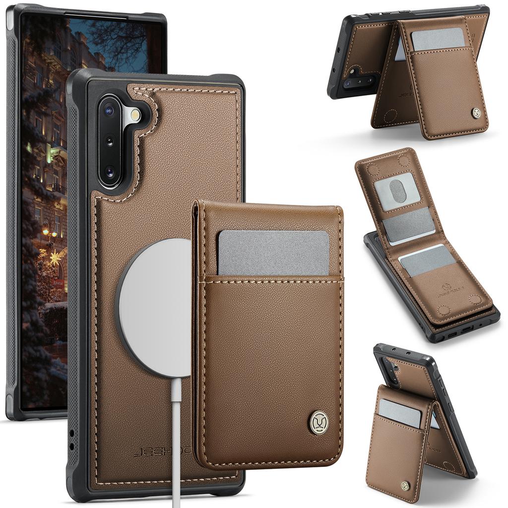 For Samsung Galaxy Note 10 4G Leather Back Cover Compatible with MagSafe JEEHOOD J06 Phone Case with Card Bag RFID Blocking