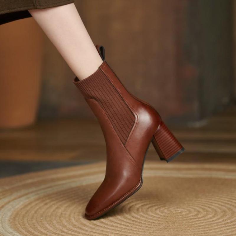Fall New Fashiong French Retro Square Toe Women Shoes High Heeled Knitted Short Boots Temperament Thick Heeled Socks Boots