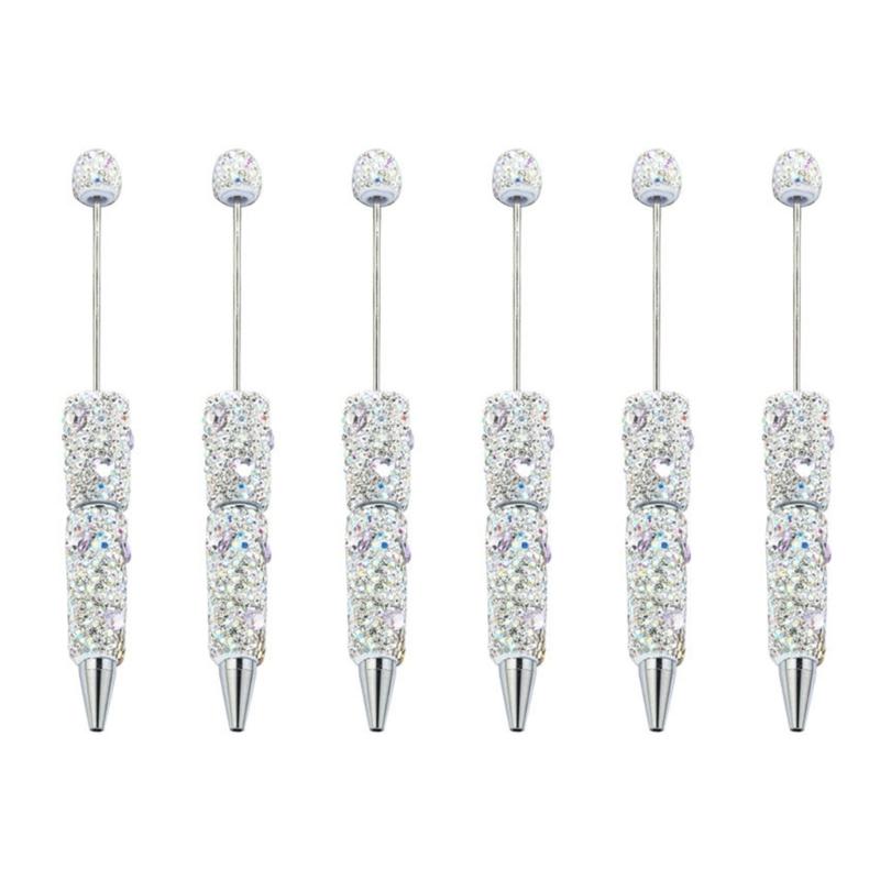 6pcs Rhinestones Fancy Pen Ballpoint Pen Smooth Writing Pen 1.0mm Glittering Beadable Pen Stationery Pen for School