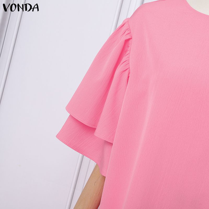 VONDA Summer Women O Neck Half Sleeve Pleating Casual Long Oversized Dress
