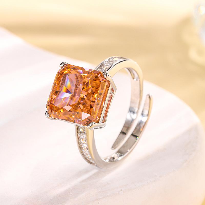 Raw Jewelry Copper Bottom Gold-Plated High Carbon Diamond Ice Flower Cut Princess Square Copper Setting Temperament Ring 10 * 10