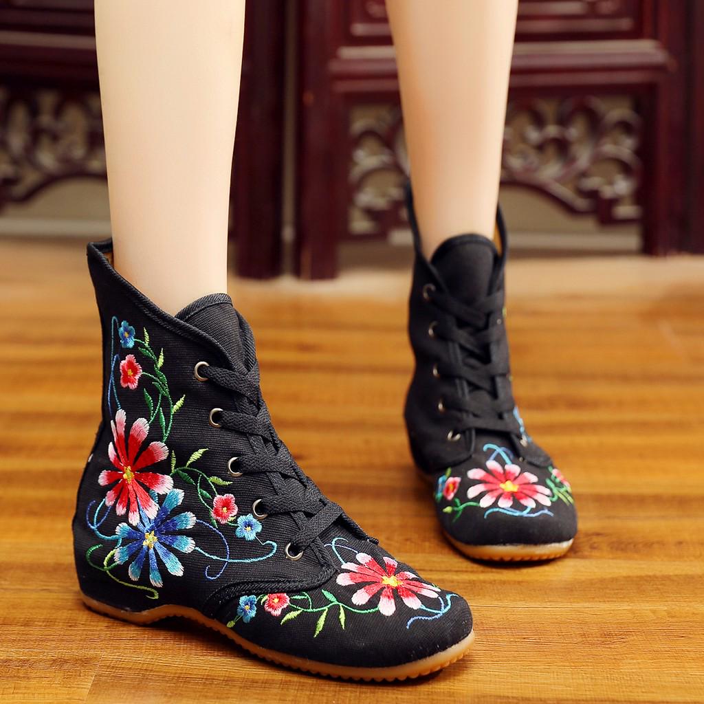 Women's Embroidered  Bare Booties Sport Flower Square Heel Short Boots