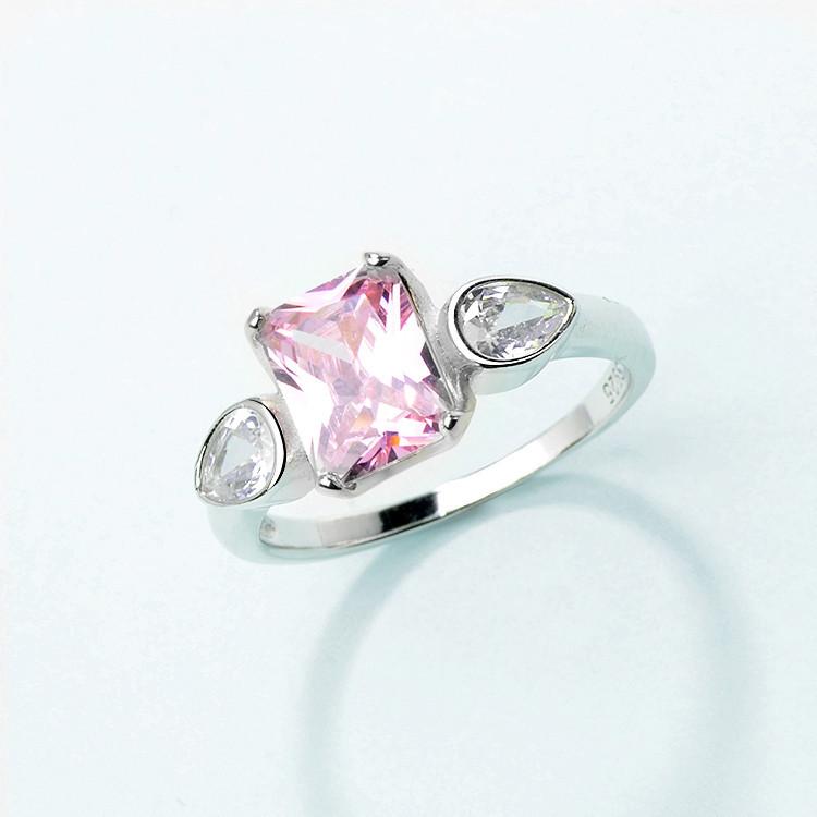 925 Sterling Silver Fashionable and Versatile Square Pink Diamond Women's Ring, Niche Jewelry, European and American Accessories