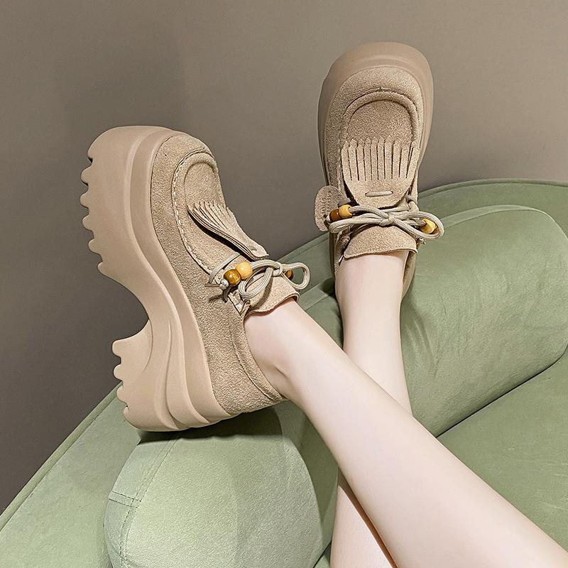 Fashion Women's Thick Bottom Kangaroo Shoes with Laces Full Wrap Birkenstyle Fall New Vintage Matte Leather Single Shoes Casual Loafers