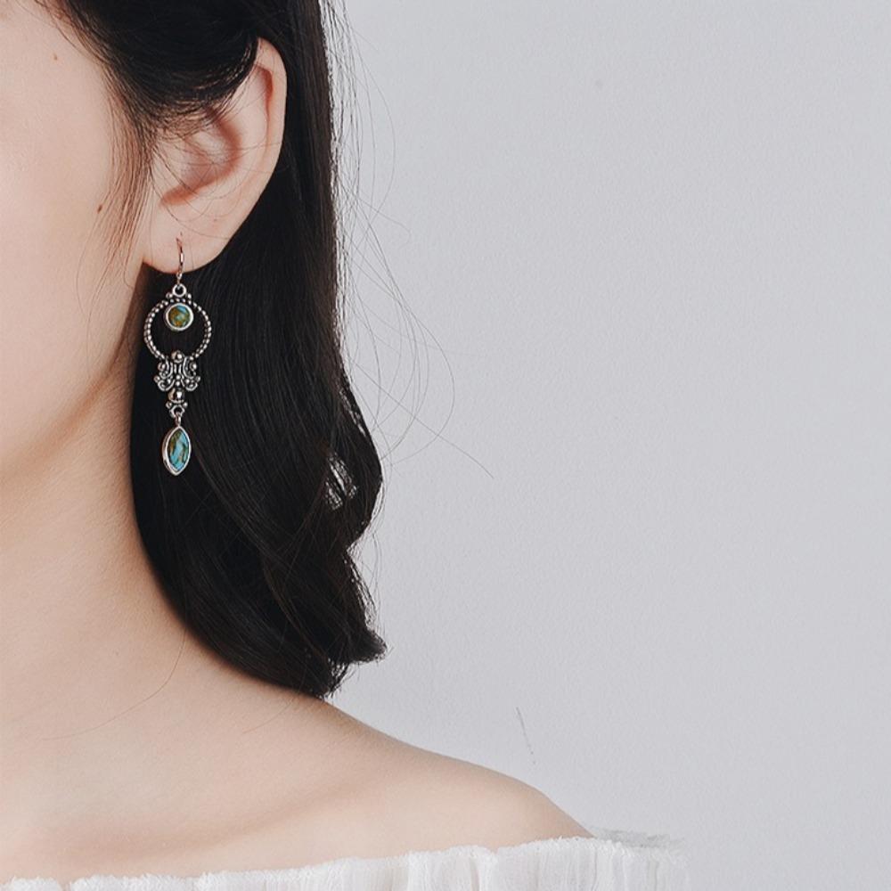Vintage Silver Earrings with Turquoise Inlay Bohemian Style Jewelry for Women
