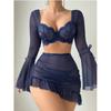 Explosive Sexy Mesh Lace Perspective Horn Long-sleeved Erotic Underwear Split Three-piece Set