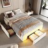 Bettgestell 90x200 mit Schubladen, PU-Lederbett ohne Kopfteil mit LED-Lichtleiste, Metalllattenrost-Plattformbett für moderne Schlafzimmer Weiß