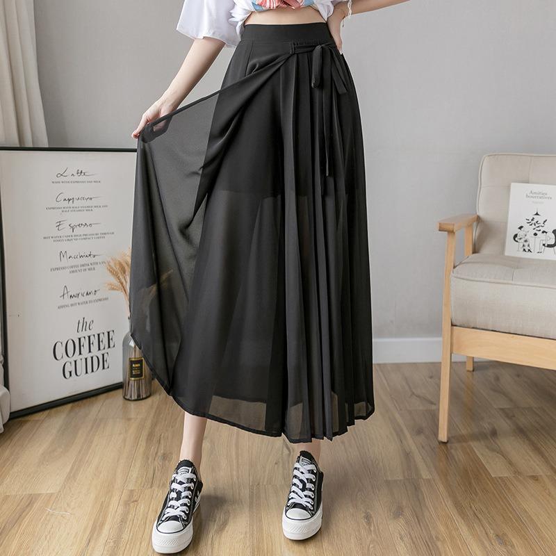 Spring New Chiffon Trousers Large Size Elastic Waist Casual Pants Lace-up Mesh Trousers Skirts Women's Clothing