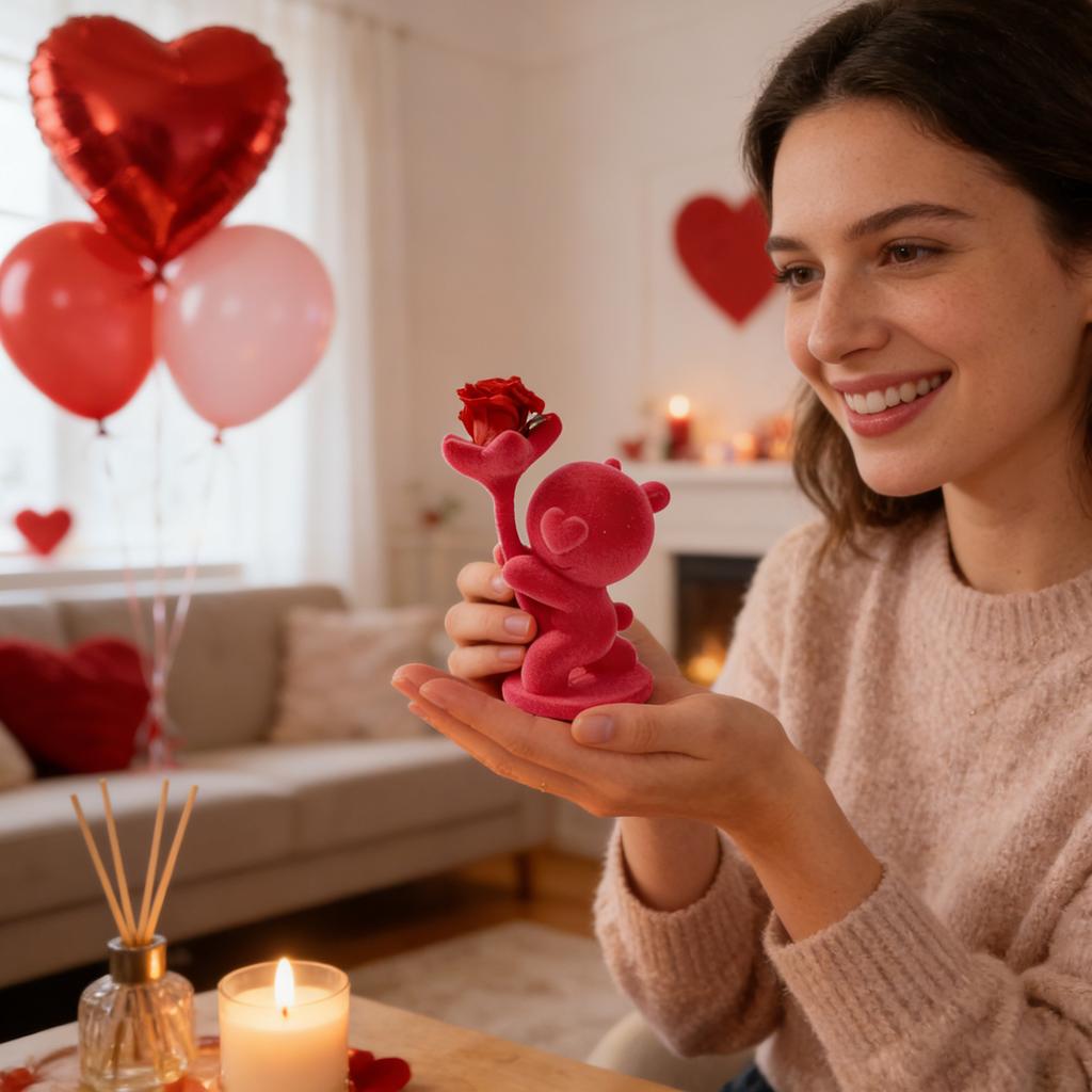 Valentine's Day Bear Figurine | Decorative Animal Art Flocked Desktop Ornament