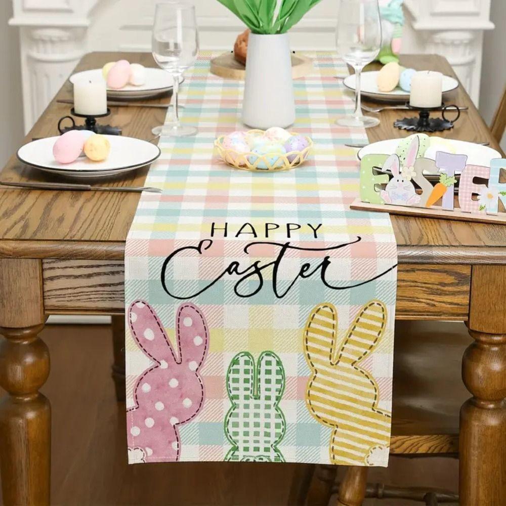 Vintage Easter Rabbit Table Runner Oil Proof Dining Table Cover Linen Bunny Table Cloth Party