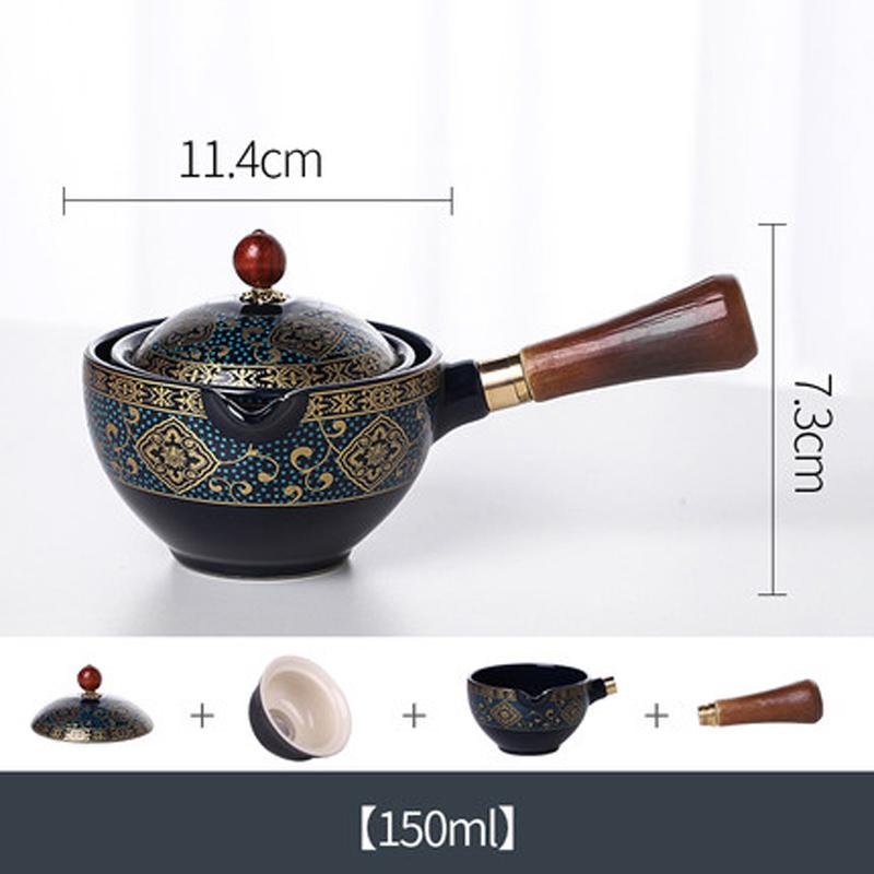 Portable Flower Ceramic Automatic Spinning Kung Fu Teapot with Wooden Handle, Side-handle Tea Pot, Teaware Filter,150ml