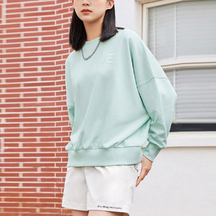 Li-Ning Gradient Logo Embroidered Solid Color Loose Crew Neck Sweatshirt Women Tops Mint-Green AWDRF42-4