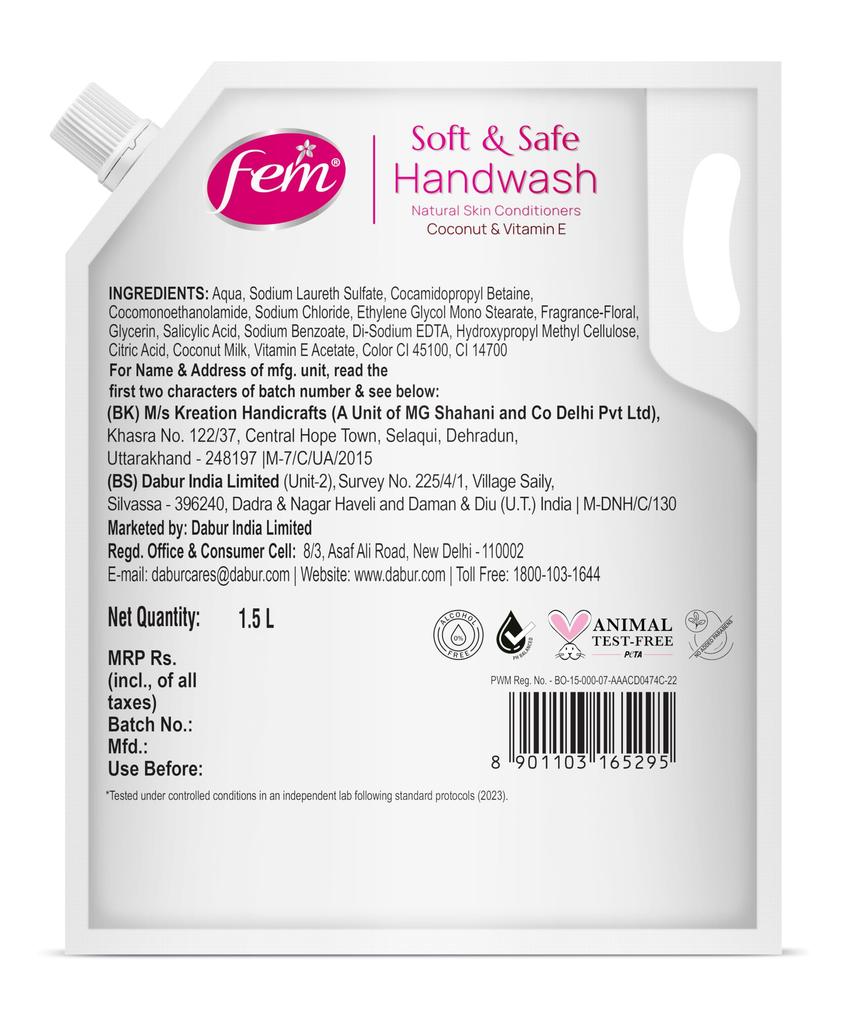 Fem Floral Bouquet Soft & Safe Handwash - 1500 ml | Enriched with Goodness of Coconut Milk & Vitamin E | Long Lasting Fragrance