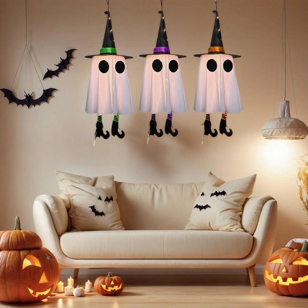 Halloween Decorations 3pcs Outdoor Hanging Luminous Ghost Witch Hat LED Light String Halloween Ghost Courtyard Garden Tree Decor