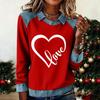 Damenmode Ausgestelltes Langarm Denim Patchwork Sweatshirt Valentinstags-Print Lässiges Pullover-Oberteil