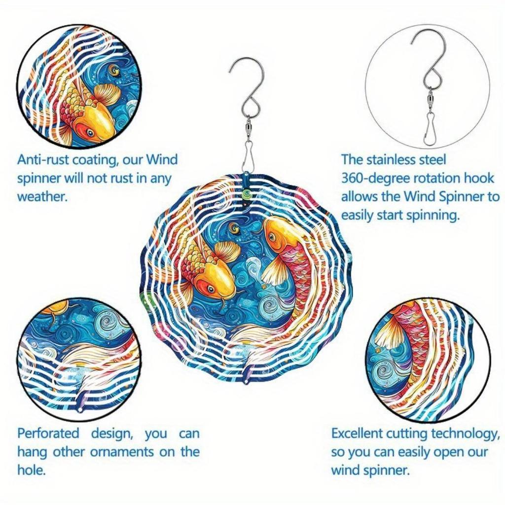 Metal Wind Chime Outdoor Hanging Decor with Koi Fish Mandala Design Soothing Sound Garden Patio Gift for Men Women