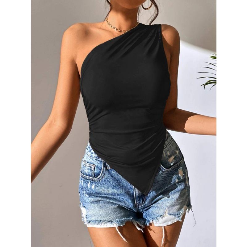 Women Irregular Asymmetrical Off Shoulder Slim Fit Strappy Camisole Vacation Beach Top