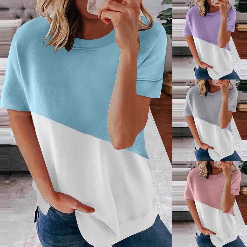 Women's Casual Fashion Short-Sleeved Stitching Round Neck Pullover Thin T-shirt