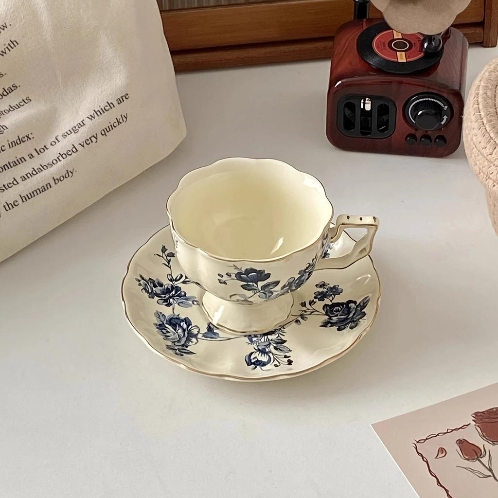 1Set Simple Floral Ceramic Coffee Cup and Saucer, High-End Accessible Luxury Cup and Saucer, Home Commercial Office Afternoon Tea Matchinging Goodies,