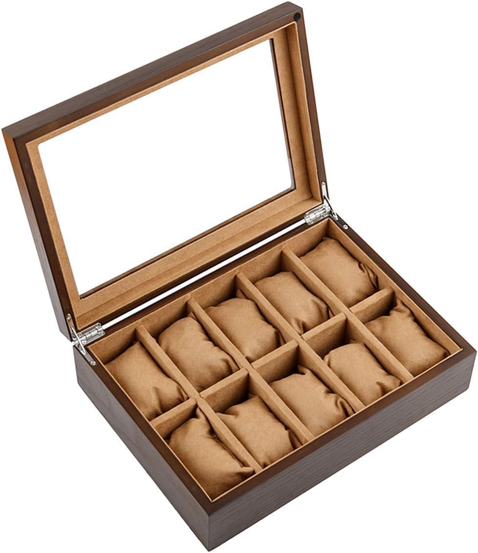 

Anberotta Luxury Wooden Watch Storage Box, Holds 10 Watches, Display Case with Clear Glass and Cushion, N-J83-T