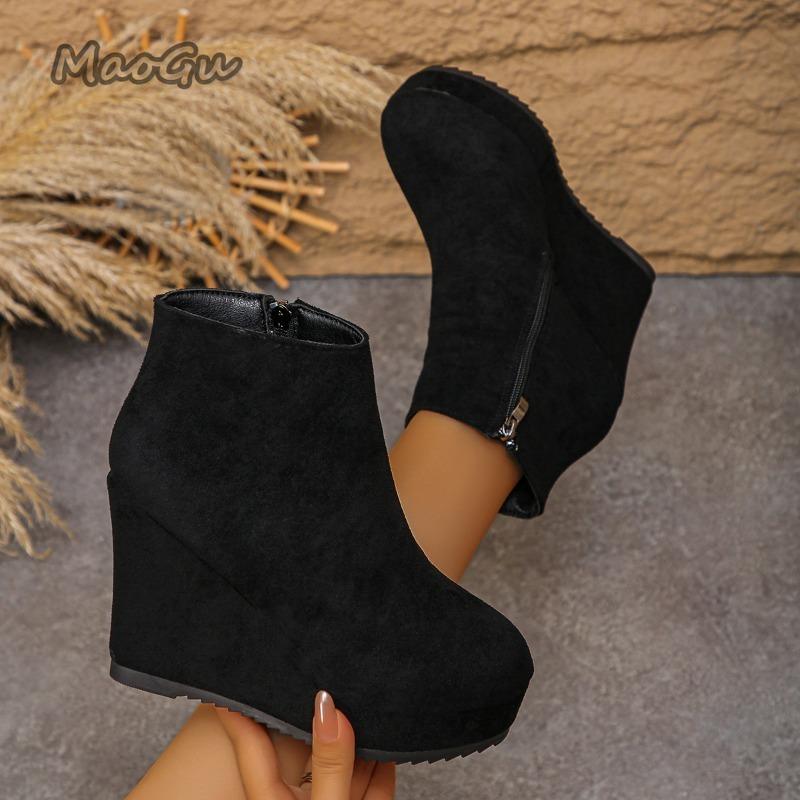 Women's Suede Platform Ankle Boots Side Zipper Chunky Wedges Heel Retro Short Booties Black Autumn Winter Casual Shoes Size 35